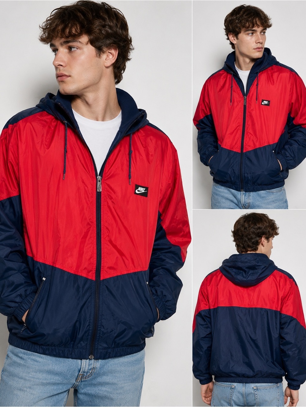 Vintage 90s Nike Hooded Windbreaker Jacket Red Navy Full Zip Size L Hong Kong